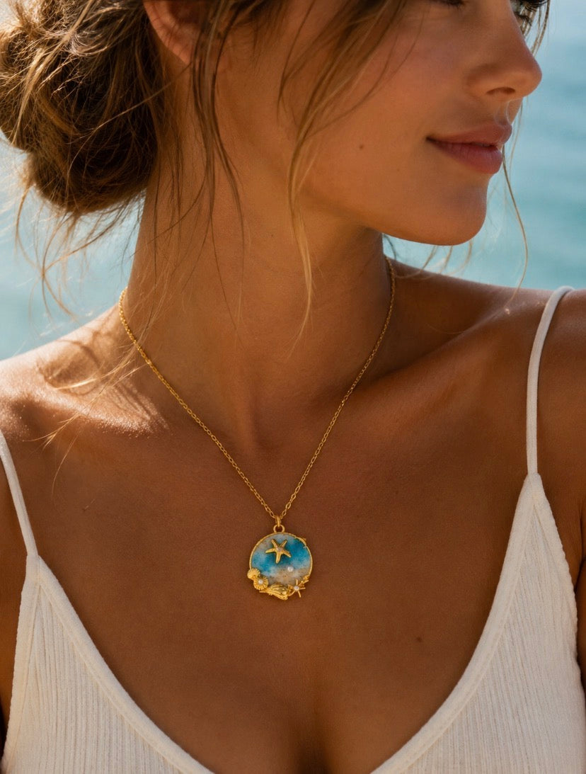Golden Starfish Seascape Pendant