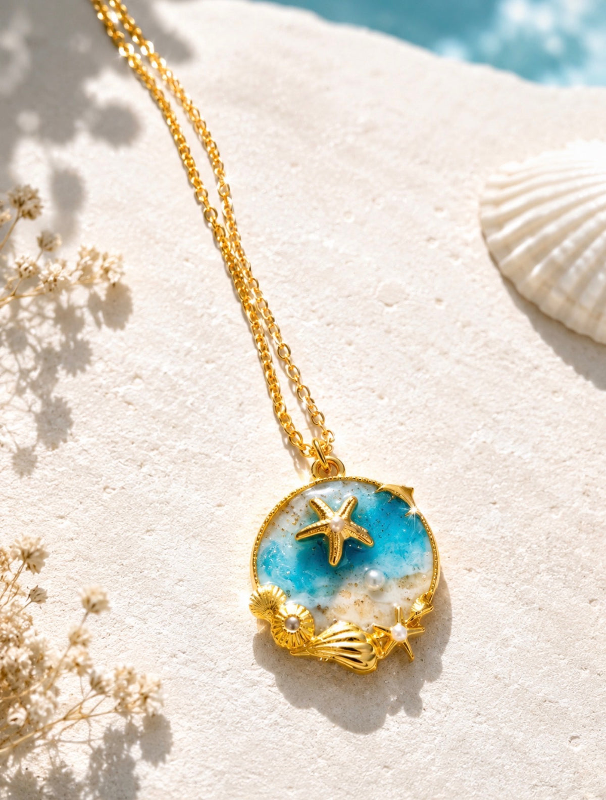 Golden Starfish Seascape Pendant