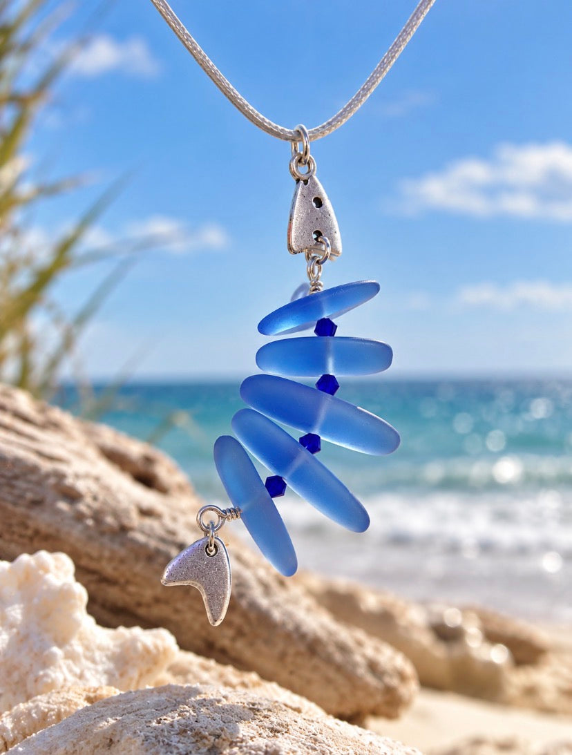 Blue-on-Blue Sea Glass Bonefish Necklace