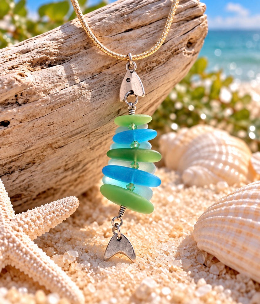 Coastal Bonefish blue and green sea glass necklace