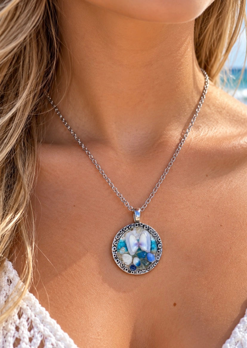 Seaside Angel Wings Necklace close-up worn by model