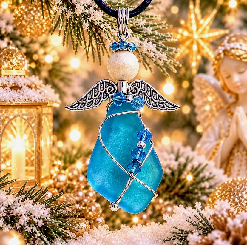 Blue sea glass angel pendant with silver-tone wire wrapping