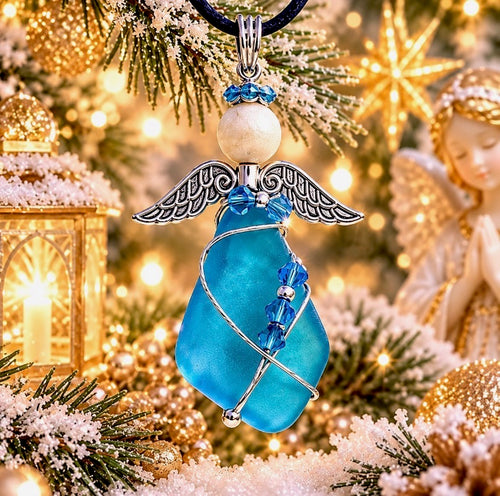 Blue sea glass angel pendant with silver-tone wire wrapping