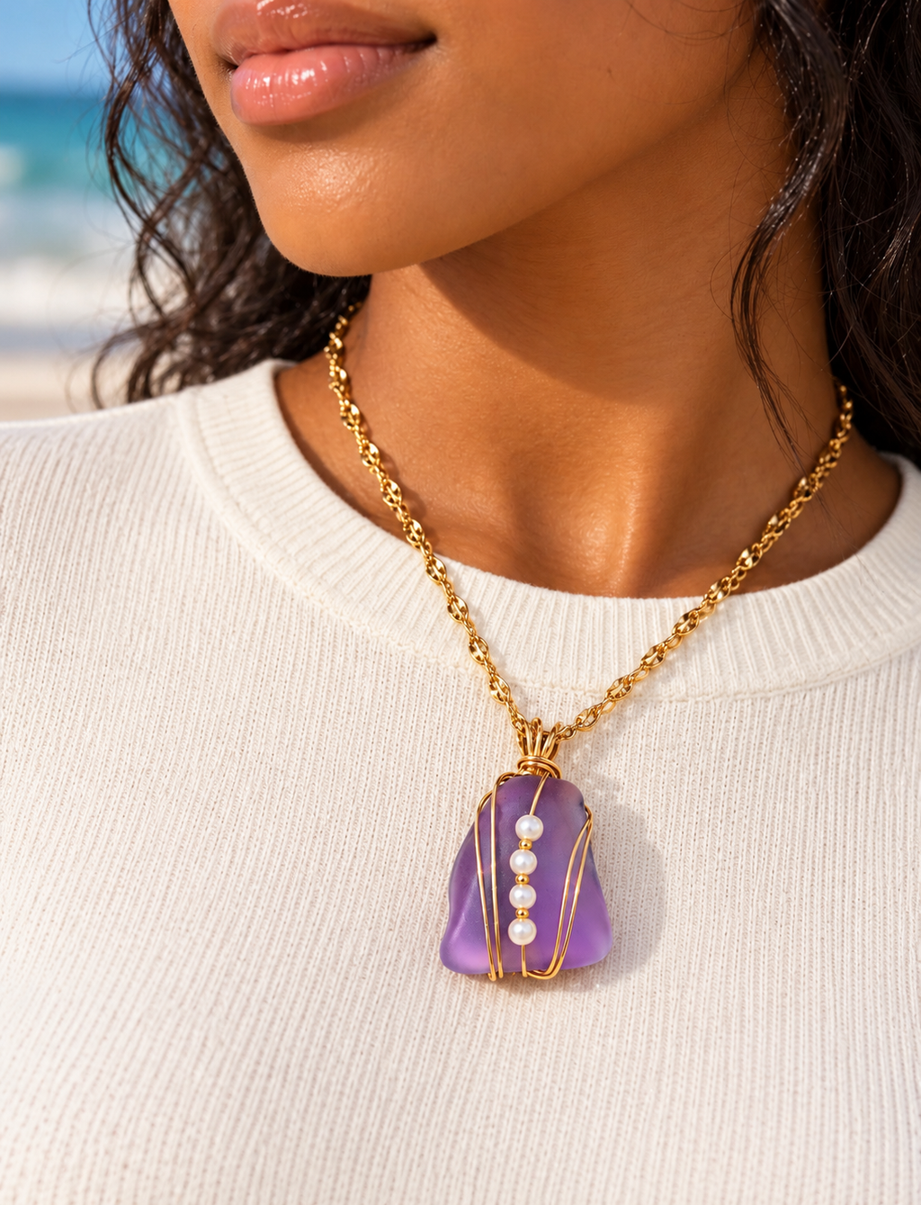 Lavender Pearl Sea Glass Necklace worn by model