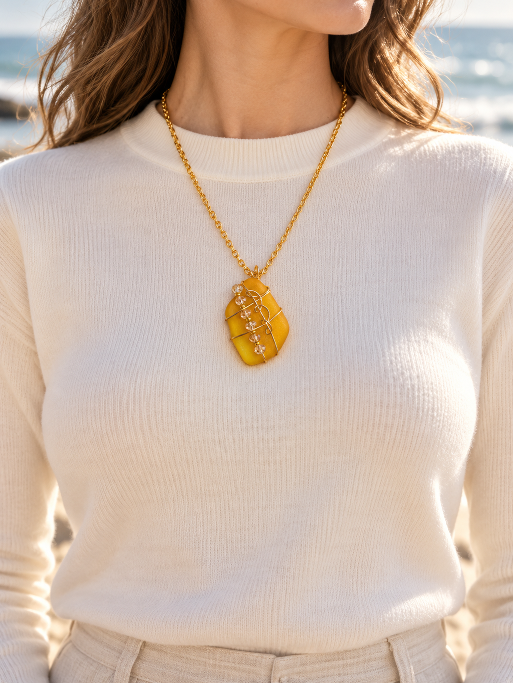 Golden Shore Sea Glass Necklace worn by model