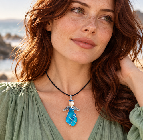 Blue Sea Glass Angel Pendant Necklace worn by a model