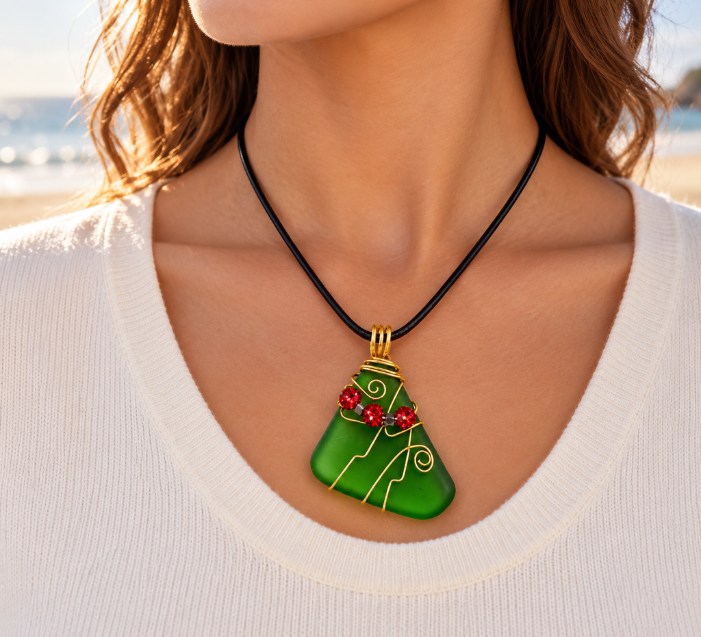 Green Sea Glass Christmas Tree Necklace close-up worn by model