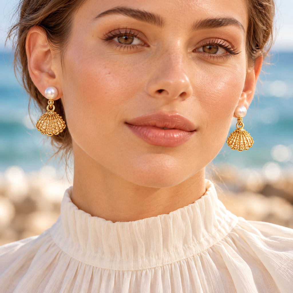 Pearl Shell Drop Earrings close-up worn by model