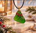 Green sea glass Christmas tree pendant with red accents