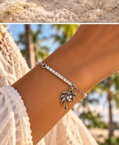 Palm Tree Crystal Bar Branklet close-up worn by model