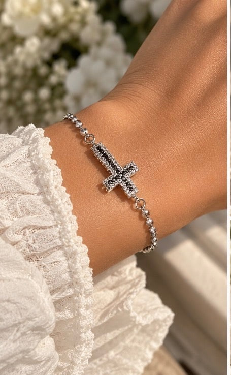 Silver Sparkle Cross Branklet close-up worn by model