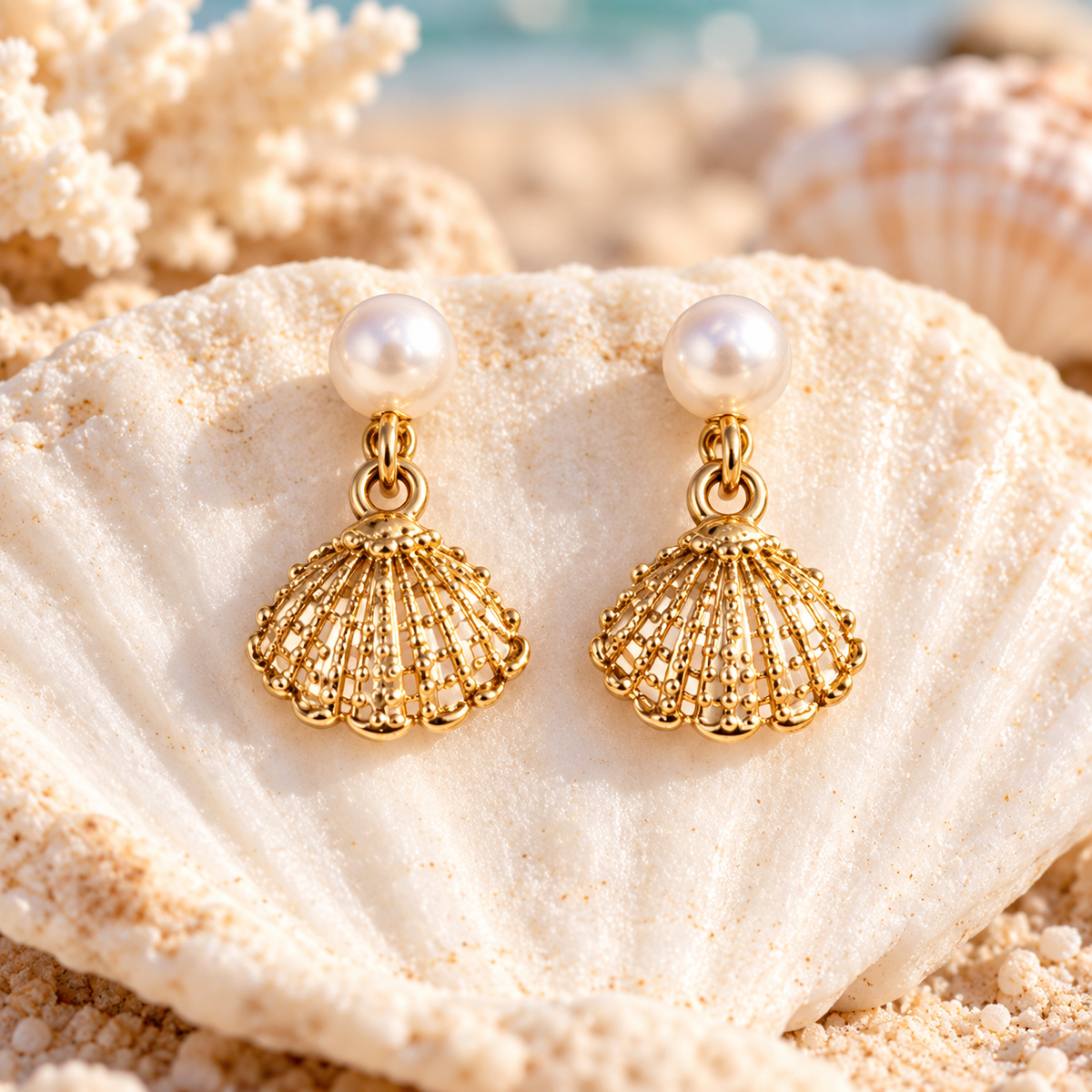 Pair of gold-tone openwork shell earrings with white pearl studs