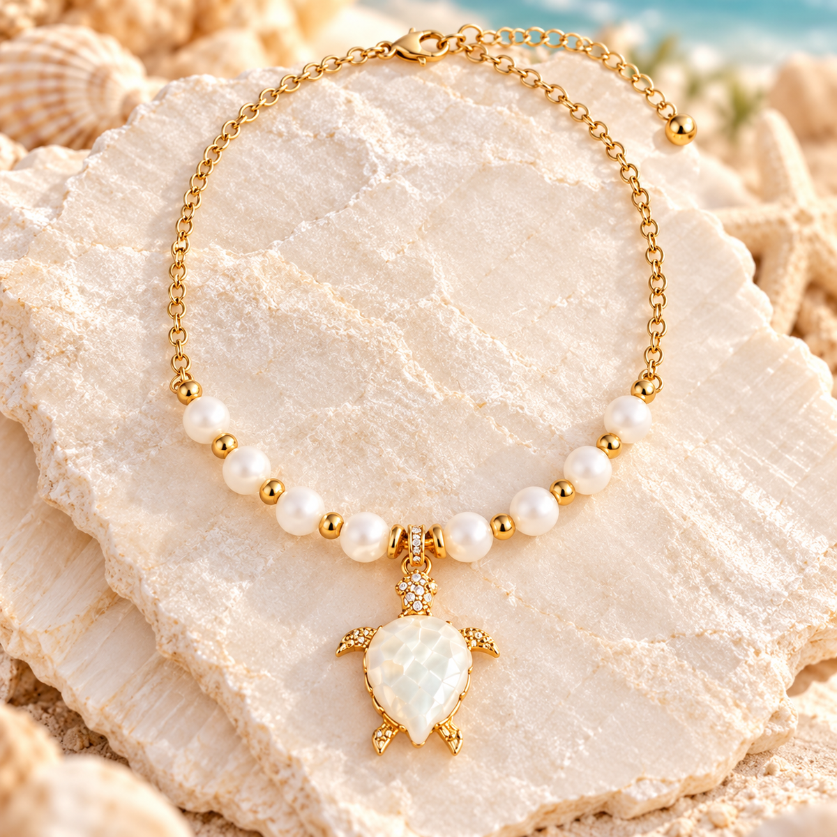 Gold-tone pearl necklace with iridescent turtle pendant