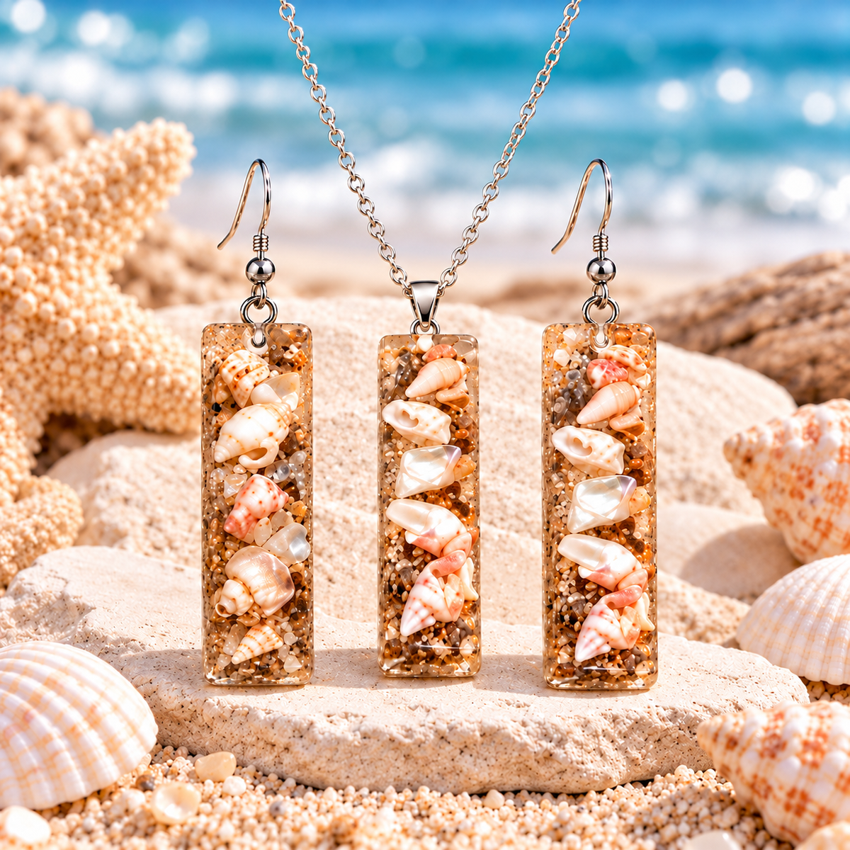 Matching Shell & Sand Necklace and Earring Set